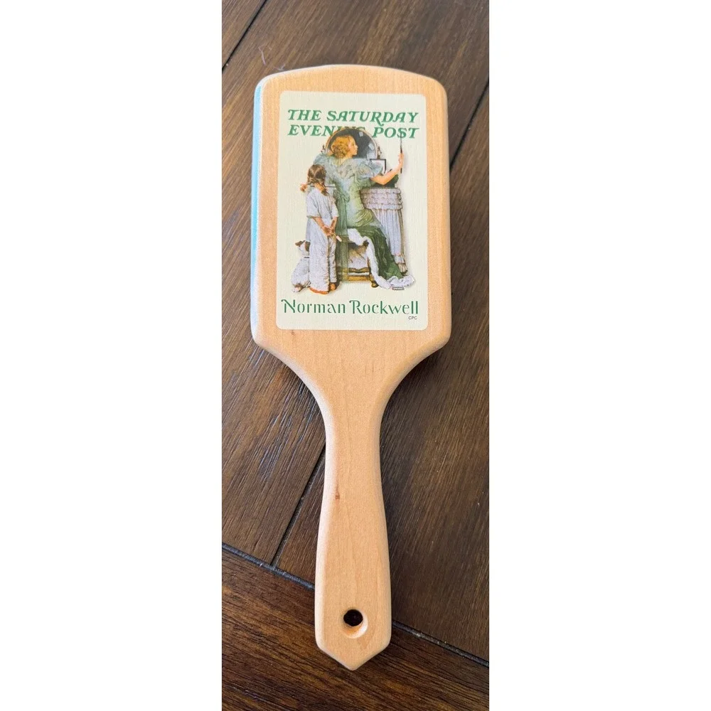 Norman Rockwell Saturday Evening Post Wooden Paddle Hair Brush Girl at Mirror